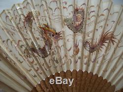 Antique Chinese Canton Boxwood Hand Embroidered Silk Dragon Fan In Original Box