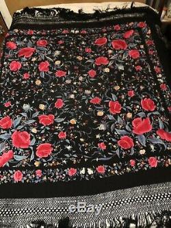 Antique Chinese Canton Silk Embroidered 2 Sided Shawl Colorful Piano Roses 84