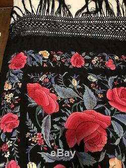 Antique Chinese Canton Silk Embroidered 2 Sided Shawl Colorful Piano Roses 84