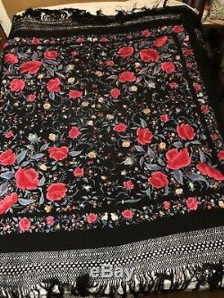 Antique Chinese Canton Silk Embroidered 2 Sided Shawl Colorful Piano Roses 84