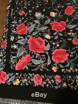 Antique Chinese Canton Silk Embroidered 2 Sided Shawl Colorful Piano Roses 84