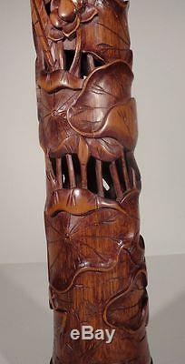 Antique Chinese Carved Bamboo Perfumer Cricket Cage Lotus Frogs 18th Perfumer
