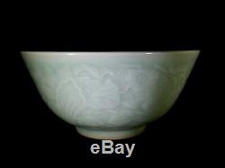 Antique Chinese Carved Celadon Porcelain Bowl Fish Lotus