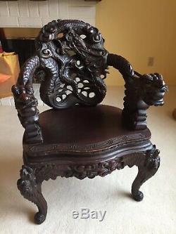 Antique Chinese Carved Dragon Cloud Chair Mahogany Wood