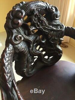 Antique Chinese Carved Dragon Cloud Chair Mahogany Wood