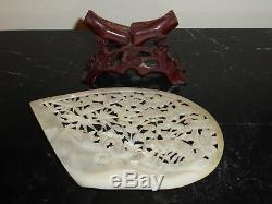 Antique Chinese Carved Mother Of Pearl Shell Cranes Scene On Stand