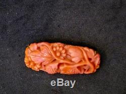 Antique Chinese Carved Natural Red Coral Flower Pin Or Brooch, Gilt Backing