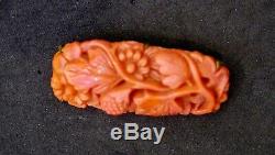 Antique Chinese Carved Natural Red Coral Flower Pin Or Brooch, Gilt Backing