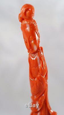 Antique Chinese Carved Natural Red Coral Statue of Beauty 6 Figure