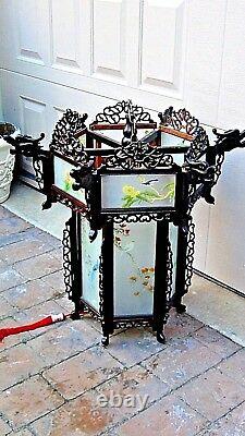 Antique Chinese Carved Rosewood Dragon Reverse Glass Painted Panels Lantern, Lamp