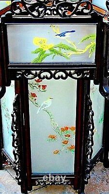 Antique Chinese Carved Rosewood Dragon Reverse Glass Painted Panels Lantern, Lamp