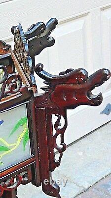 Antique Chinese Carved Rosewood Dragon Reverse Glass Painted Panels Lantern, Lamp