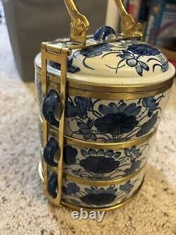 Antique Chinese Ceramic 3 Tier Stacking Lunch Box Brass Tiffin Carrier UNUSED