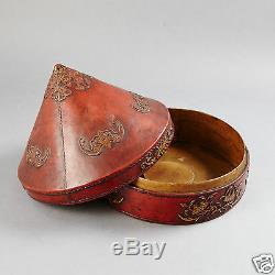 Antique Chinese China Officer Court Mandarin Qing Hat Box Lacquer Leather 1900