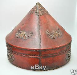 Antique Chinese China Officer Court Mandarin Qing Hat Box Lacquer Leather 1900