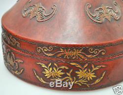 Antique Chinese China Officer Court Mandarin Qing Hat Box Lacquer Leather 1900