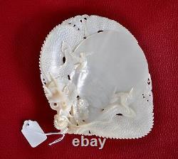 Antique Chinese China Qing Dragon Carved Engraved Mother Of Pearl Shell 19th C