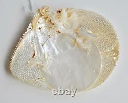 Antique Chinese China Qing Dragon Carved Engraved Mother Of Pearl Shell 19th C