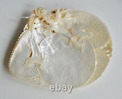 Antique Chinese China Qing Dragon Carved Engraved Mother Of Pearl Shell 19th C