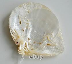 Antique Chinese China Qing Dragon Carved Engraved Mother Of Pearl Shell 19th C