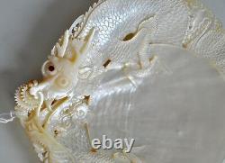 Antique Chinese China Qing Dragon Carved Engraved Mother Of Pearl Shell 19th C