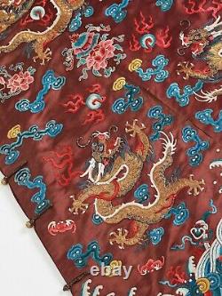 Antique Chinese China Robe Dragon Five Clawed Red Qing Silk Textile 19c