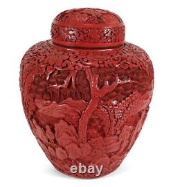 Antique Chinese Cinnabar Lacquer Ginger Jar Lidded Vase Urn Finely Carved Detail