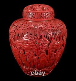 Antique Chinese Cinnabar Lacquer Ginger Jar Lidded Vase Urn Finely Carved Detail