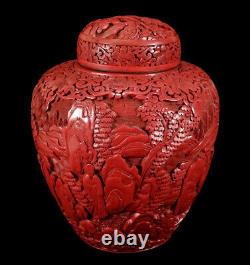 Antique Chinese Cinnabar Lacquer Ginger Jar Lidded Vase Urn Finely Carved Detail