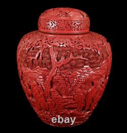 Antique Chinese Cinnabar Lacquer Ginger Jar Lidded Vase Urn Finely Carved Detail