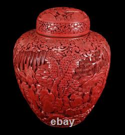 Antique Chinese Cinnabar Lacquer Ginger Jar Lidded Vase Urn Finely Carved Detail