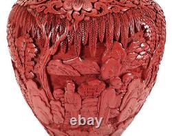 Antique Chinese Cinnabar Lacquer Ginger Jar Lidded Vase Urn Finely Carved Detail