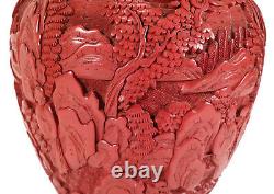 Antique Chinese Cinnabar Lacquer Ginger Jar Lidded Vase Urn Finely Carved Detail