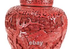 Antique Chinese Cinnabar Lacquer Ginger Jar Lidded Vase Urn Finely Carved Detail