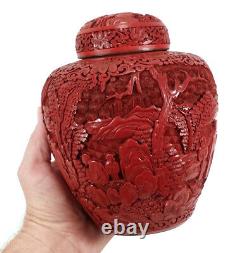 Antique Chinese Cinnabar Lacquer Ginger Jar Lidded Vase Urn Finely Carved Detail