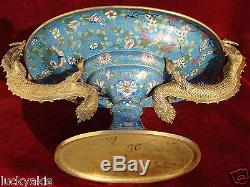 Antique Chinese Cloisonne Enamel Footed Bowl Bronze Dragon Handles Qing Dynasty