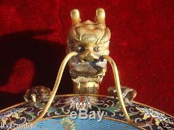 Antique Chinese Cloisonne Enamel Footed Bowl Bronze Dragon Handles Qing Dynasty