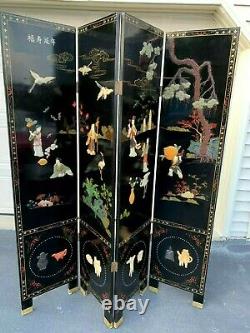 Antique Chinese Coromandel Chinese Black Lacquer 4 Panel Room Screen Divider