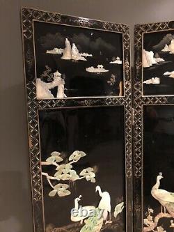Antique Chinese Coromandel Chinese Black Lacquer 4 Panel Room Screen Divider