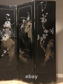 Antique Chinese Coromandel Chinese Black Lacquer 4 Panel Room Screen Divider