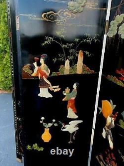 Antique Chinese Coromandel Chinese Black Lacquer 4 Panel Room Screen Divider