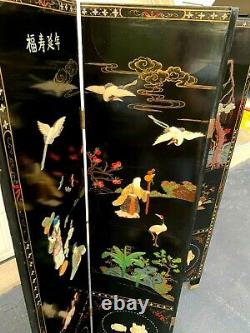 Antique Chinese Coromandel Chinese Black Lacquer 4 Panel Room Screen Divider