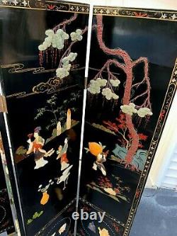 Antique Chinese Coromandel Chinese Black Lacquer 4 Panel Room Screen Divider