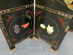 Antique Chinese Coromandel Chinese Black Lacquer 4 Panel Room Screen Divider