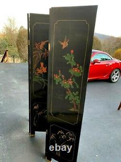 Antique Chinese Coromandel Chinese Black Lacquer 4 Panel Room Screen Divider