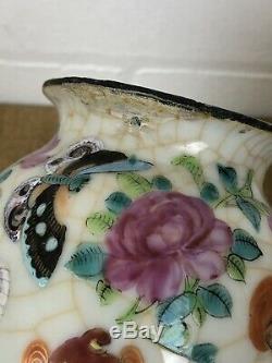 Antique Chinese Crackle Famille Vases, Foo Dogs Deers, Butterflies 19th C -Rare