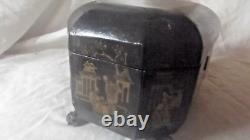 Antique Chinese Export Black Lacquer Box / Tea Caddy