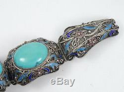 Antique Chinese Export Chunky Turquoise Enamel Filigree Panel Bracelet 6.75