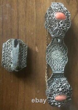 Antique Chinese Export Gilt Silver Filigree Natural Coral Bracelet
