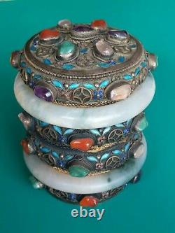 Antique Chinese Export Jade Multi Stone Silver Filigree Enamel Tea Caddy Box